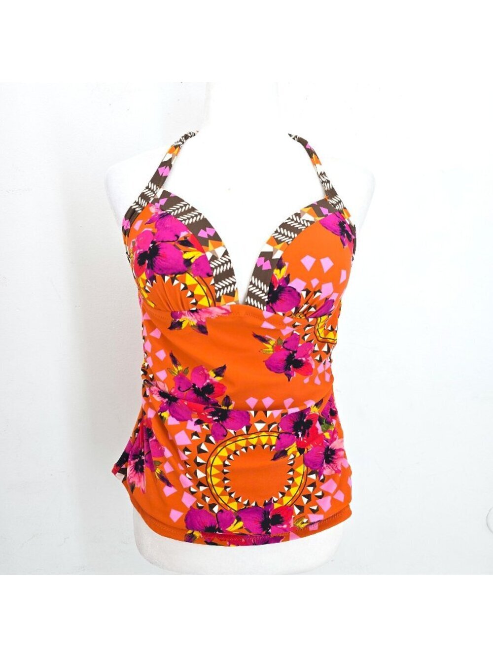 Leilani Summer Orange Padded Halter Swim Tankini Top Women's Size 12
